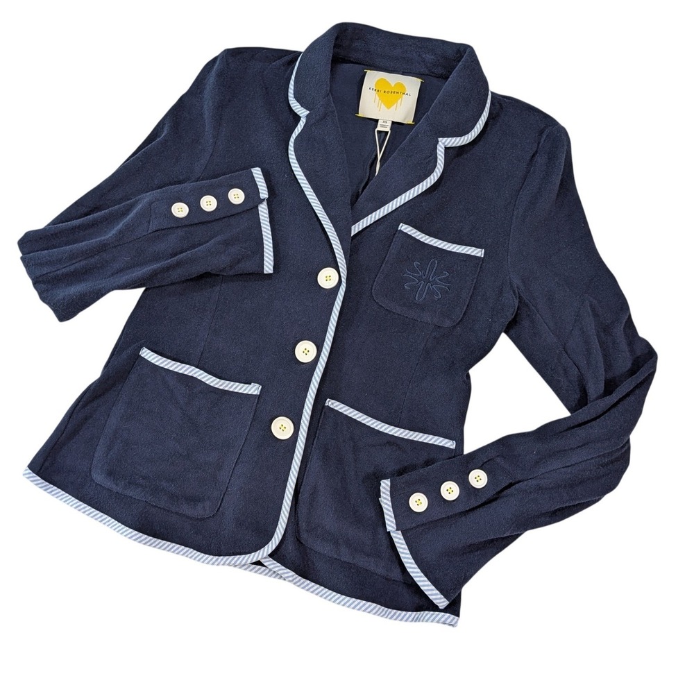 NWT Kerri Rosenthal Britt Blazer XS Indigo Blue Terry Cloth Cotton Nautical Trim
